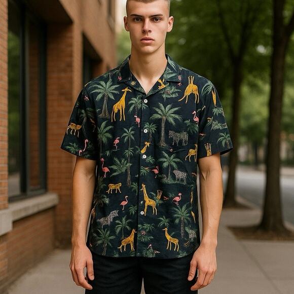 Old Navy size XXL tall Hawaiian style shirt giraffes flamingos palm trees - Picture 1 of 4